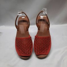 Nwot Kenneth Cole Reaction Fine Glass 2 Orangish Red Slip On Sandal Peep Toe Perforated Top Design Sling Back Sandal With Foam Sole. Comfortable And Stylish! Great For Vacation, Summer, Spring, Casual Or Nice. No Size Approx. Measurements 9 3/4" Length 1 1/2" Front Wedge 2" Back Wedge Red Slip-on Wedge Sandals For Vacation, Red Flat Wedge Sandals For Beach, Red Synthetic Sandals With Ankle Strap, Adjustable Red Sandals With Removable Insole, Red Leather Open Toe Huarache Sandals, Red Synthetic Low Wedge Sandals, Red Beach Sandals With Removable Insole, Red Adjustable Synthetic Sandals, Adjustable Red Synthetic Sandals