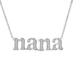 Show off your Nana status with this dazzling diamond necklace. In scintillating sterling silver, 38 single cut diamonds spell out the cherished title. Enduring with love, this accessory warms the heart. | Diamond | Helzberg Diamonds Silver Diamond Round Name Necklace, Personalized Silver Diamond Necklace For Formal Occasions, Formal Silver Diamond Name Necklace, Silver Diamond Name Necklace For Anniversary, Mother's Day Silver Diamond Necklace, Silver Diamond Necklace For Mother's Day, Personalized Silver Diamond Necklace With Cubic Zirconia, Personalized Silver Cubic Zirconia Diamond Necklace, Silver Name Necklace With Diamond Accents For Anniversary