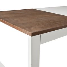 a wooden table with white legs on a white background