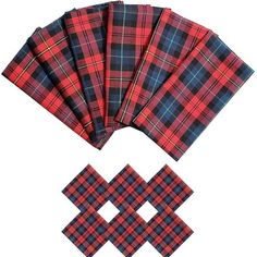 four pieces of red and black plaid cloth with matching squares on the bottom one side