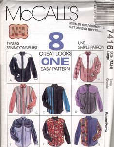 NEW uncut, Vintage 1994, McCalls 7416, Men's Western shirt, size 42 44, 8 variations, cowboy shirt, square dancing Cowboy Shirts For Men, Cowboy Shirt, Square Dancing, Cowboys Shirt, Cow Boy, Western Shirt, Western Shirts, Simple Patterns, Dancing