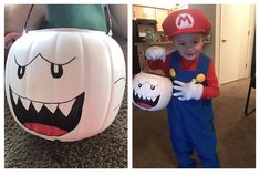 two pictures one with a pumpkin and the other with a mario costume