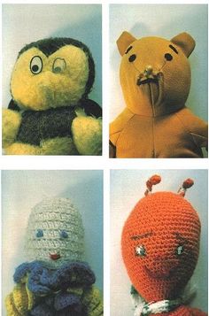 four crocheted stuffed animals are shown in four different colors and sizes, each with an individual's face