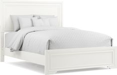 a bed with white linens and pillows on it's headboard, in front of a white background