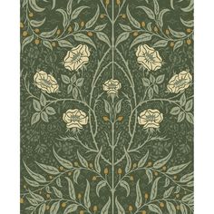 an art nouveau wallpaper with white flowers and leaves on dark green, gold - toned background