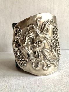 (eBay) Find many great new & used options and get the best deals for Vintage Sterling Cuff Bracelet by Kerr Nouveau Maiden & Flowers On Black Leather at the best online prices at eBay! Free shipping for many products! Scattered Flowers, Art Nouveau Antiques, Gibson Girl, Crystal Beads Bracelet, Sterling Silver Cuff Bracelet, Hinged Bangle, Pink Bracelet, Sterling Silver Cuff, Girls Jewelry