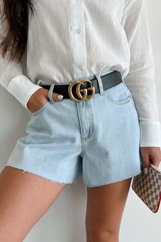 Evander High Rise Raw Hem Denim Sneak Peek Shorts (Light) - NanaMacs Trendy Light Wash Jean Shorts With Belt Loops, Casual Light Wash Jean Shorts With Belt Loops, Outfit Combinations, Trendy Accessories, Size Charts, Pocket Design, Sneak Peek, Color Light, Perfect Pair