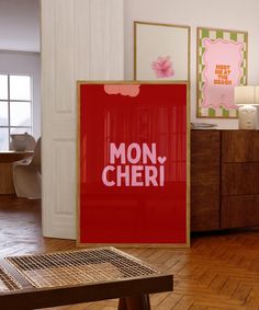 there is a red sign that says mon cher on it in the middle of a room