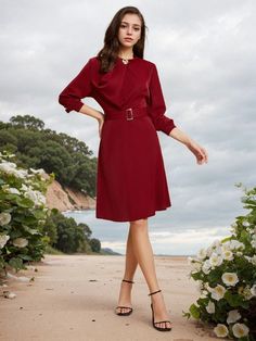 Olivia Mark - Stunning Long Sleeve Midi Dress for Everyday Wear Red Long Sleeve Belted Midi Dress, Red Belted Dress For Work, Red Belted Long Sleeve Midi Dress, Red Solid Workwear Dress, Formal Red Belted Midi Dress, Red Belted Midi Dress For Formal Occasions, Midi Gown, Dress For Everyday, Stand Collar Dress