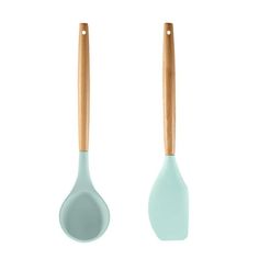 two spoons with wooden handles are shown in front of the white background and one is light blue