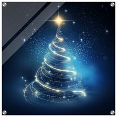 a shiny christmas tree on a dark blue background with stars and sparkles in the sky