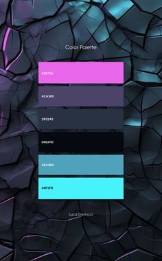 the color palette is shown in shades of blue, purple and black with pink accents