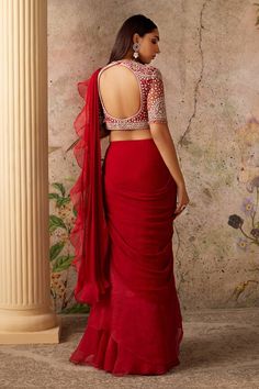 Red chiffon pre-draped saree with organza ruffles. Paired with a sequin, thread and bead embroidered padded blouse. - Aza Fashions Ruffle Saree Blouse, Drape Sari, Saree Chiffon, Ridhi Mehra, Ruffle Sarees, Red Ochre, Ruffle Saree, Embroidered Crop Tops, Drape Saree