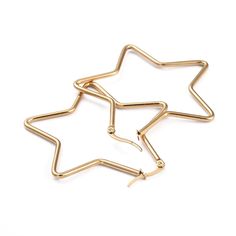 PAIR OF CREOLES, earrings, 50mm, stars, 50mm hoops, golden hoops, gold steel, stainless steel, stainless steel buckles, IX35 Gold stainless steel earrings Shape: star Color: gold Dimensions: approximately 50mm (54.5x53.5mm) in diameter Creole thickness: 2mm Thickness of the stem (ear pass): approximately 1mm Clasp: 0.7x1mm Number of hoop earrings in a set: 2 pieces (1 pair) Weight of the pair: 8g (i.e. 4g per hoop) Please note: the buckles are new. Stainless steel is a very strong material. Ther Rare Pearls, Creole Earrings, Golden Hoops, Hoops Gold, Steel Earrings, Stainless Steel Earrings, Jewelry Earrings Hoops, Favorite Things List, Jewelry Earrings