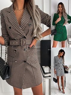 This stylish printed suit jacket in shades of khaki, green and black is an essential for the modern woman's wardrobe. Crafted from comfortable polyester, the double breasted design with regular sleeves is perfect for both work and evening wear alike. Available in sizes S-XXL, this mid-length coat will bring sophistication and elegance to any look! Applicable Gender: Female Inventory Type: whole transaction Sleeve length: long sleeve Style: OL commuting Process: Printing/printing and dyeing Winter Workwear Dress With Belt, Winter Business Belted Dress, Black Belted Dresses For Fall, Belted Winter Office Dresses, Belted Office Dresses For Winter, Belted Dresses For Office In Winter, Long Sleeve Belted Dresses For Fall, Chic Belted Fall Dress, Long Sleeve Dresses With Belt For Fall