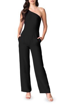 An elegant one-shoulder neckline and figure-skimming silhouette style a sophisticated jumpsuit with two panels that cascade over the single shoulder. 61 1/2" length (size Small) One-shoulder neck Sleeveless Partially lined 97% polyester, 3% spandex Machine wash, dry flat Imported Elegant One-shoulder Jumpsuits And Rompers For Date Night, Elegant One-shoulder Jumpsuits For Date Night, Solid Color Evening Jumpsuits And Rompers, Elegant Strapless Jumpsuits And Rompers For Gala, Elegant Strapless Jumpsuits And Rompers, Elegant Solid Strapless Jumpsuit For Evening, Elegant Strapless Jumpsuit For Gala, Elegant One-shoulder Fitted Jumpsuit, Elegant Strapless Jumpsuit For Date Night