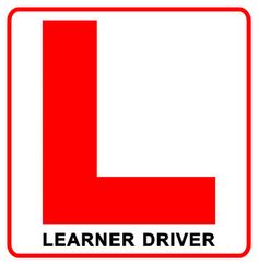 a red and white sign that says learner driver on the left hand side of it