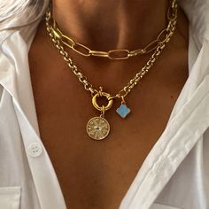 Gold Round Spring Clasp Necklacegood Vibes - Etsy Evil Necklace, Necklace Evil Eye, Charms Necklace, Clasp Necklace, Baroque Pearl Necklace, Chunky Jewelry, Cz Necklace, Protection Necklace, Classy Jewelry