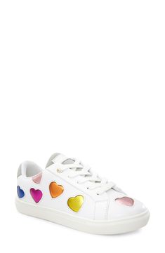 A sparkly array of metallic rainbow hearts will delight the tiny trendsetter strutting the playground in this sporty sneaker brimming with charm. Leather upper/textile lining/rubber sole Imported Playful Low-top Rainbow Sneakers, Playful Rainbow Low-top Sneakers, Playful Low-top Sneakers With White Sole, Trendy Rainbow Synthetic Sneakers, Trendy Rainbow Colored Synthetic Sneakers, Rainbow Low-top Synthetic Sneakers, Trendy Rainbow Low-top Sneakers, Rainbow Sporty Synthetic Sneakers, Rainbow Synthetic Sporty Sneakers