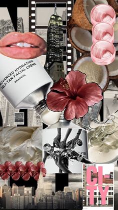 the collage is made up of many different things including flowers, coconuts and lipstick