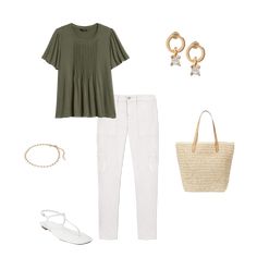 a woman's outfit with white pants and sandals