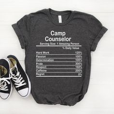 "Personalized Camp Counselor Nutrition Facts Shirt, Camp Counselor Shirt, Camp Counselor Gift, Camp Counselor T shirt, Camp Counselor ♥ This is a great personalized Camp Counselor gift that will put a big smile on the recipient's face. Gift them an unforgettable memory now! 𝐒𝐈𝐙𝐈𝐍𝐆 𝗔𝗡𝗗 𝐂𝐎𝐋𝐎𝐑𝐒 For detailed sizing information and color options, please see listing images. -B.C Only - It means that we have that color only for our Bella Canvas Tees. 📌 𝗛𝗢𝗪 𝗧𝗢 𝗢𝗥𝗗𝗘𝗥 𝟏. Select Boss T Shirt, Weights For Women, Bella Canvas Tees, Drummers, Smile On, Lacrosse, Unisex Shirts, Scuba Diving, Tee Design