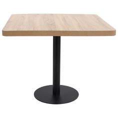 a square wooden table with black metal base and an oak top, viewed from the front