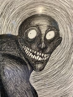 a drawing of a creepy looking man with big eyes and mouth wide open in front of a spiral background