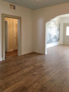 an empty living room with hard wood flooring and arched doorway leading into another room