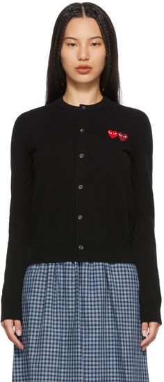 Long sleeve knit wool cardigan in black. Rib knit crewneck collar, cuffs, and hem. Button closure at front. Signature embroidered graphic appliqués in tones of red at chest. Grey mother-of-pearl hardware. Supplier color: Black | Comme des Garçons PLAY Black Wool Double Heart Cardigan Cdg Cardigan, Bag Wishlist, Heart Cardigan, Comme Des Garcons Play, Double Heart, Knit Crewneck, Black Rib, Wool Cardigan, Comme Des Garcons