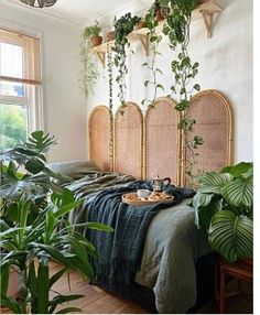 a bed with plants hanging from the headboard