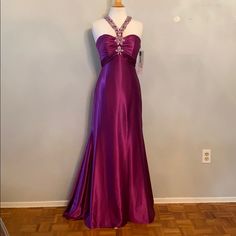 Beautiful Empire Waist Gown With Delicate Strap In Front The Neck, Also Is Gathered At The Bust, The Back Is Amazing With The Unique Strap Detail, And Even More With The Low Cut At The Waist Fitted Gown With Sweep Train For Gala, Elegant Purple Ball Gown For Gala, Purple Gown For Prom Season, Fitted Gown With Ruched Bodice For Gala, Purple Gown With Fitted Bodice For Prom, Purple Evening Dress With Sweep Train For Prom, Purple Floor-length Ball Gown For Gala, Purple Ball Gown With Fitted Bodice, Purple Sweep Train Dress For Prom Season