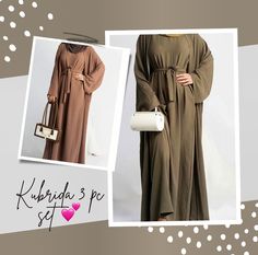 3 pc soft jazz crepe abaya with pockets!  Set comes with inner sleeveless dress, outer long cardigan and sash. Available in 5 colors and different sizes mix and match to maximize outfit choices!  Fit is true to size, size up if you would like a more modest fit. Free Size Long Abaya For Eid, Free Size Long Sleeve Abaya, Long Sleeve Dabka Abaya, Elegant Long Free-size Abaya, Elegant Long Free Size Abaya, Long Khimar With Dabka Detailing, Maxi Length Hijab For Eid, Crepe Abaya, Abaya With Pockets