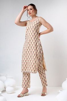 Beige straight kurta with all over floral prints. Paired with coordinating pant and dupatta. - Aza Fashions Beige Summer Sets With Printed Motifs, Beige Kurta, Adah Sharma, Diana Penty, Straight Kurta, Luxury Sale, Kurta With Pants, Pants Pattern, Modern Bride