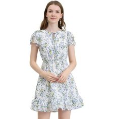 A casual-cute look is made easy with this above-the-knee dress in a flattering elastic-waist design with flowy ruffled sleeves. This pretty chiffon dress is designed with double-layered ruffle sleeves and a-line skirt, with cute floral printing throughout and a playful ruffled hem. Perfect for shopping and casual occasions, play up the sweet with sandals and pretty accessories. Casual Chiffon Flutter Sleeve Dress, Casual Chiffon Dress With Flutter Sleeves, Casual Mini Dress With Short Sleeves And Ruffle Hem, Casual Chiffon Mini Dress With Short Sleeves, Casual Short Sleeve Chiffon Mini Dress, Chiffon Mini Dress With Ruffle Hem And Short Sleeves, Short Sleeve Chiffon Mini Dress With Ruffle Hem, Casual Mini Dress With Ruffle Hem And Flutter Sleeves, Casual Flutter Sleeve Mini Dress For Vacation