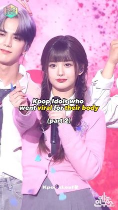 two people standing next to each other in front of a pink background with the words kpop idol who went virtual for their body part part 2