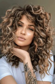 Mid Length Voluminous Thick Curls Loose Perm Medium Length, Curly Hair Color Ideas Balayage Curls, Split Dyed Curly Hair, Big Curls For Medium Hair, Curly Medium Length Hair, Mid Length Curly Hair, Medium Wigs, Rocker Hair, Curly Hair Beauty