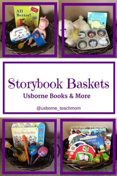 the storybook baskets are full of books and toys for children to play with in their homes