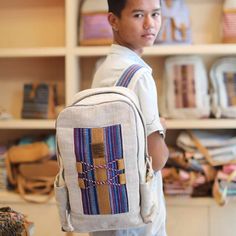 WSDO fair trade funk backpack - white w/ blue Premium Quality Unique Handmade Gifts And Accessories - Ganapati Crafts Co Casual Rectangular Backpack For Trips, Casual Rectangular Leather Backpack With Adjustable Straps, Casual Backpack With Adjustable Strap For Trips, White Standard Backpack For Trip, White Backpack For Trips, Casual Multicolor Leather Backpack For School, Casual Bags For Back To School Trip, Casual Back-to-school Bags For Trips, Casual Back To School Trip Bag