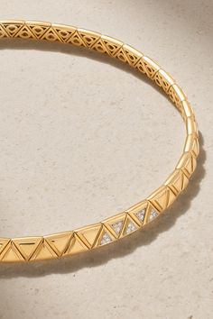 Find MARINA B Triangoli 18-karat Diamond Choker on Editorialist. Marina B's choker is part of the label's 'Triangoli' collection that highlights the designer's love for geometry and symmetry. Hand-cast from 18-karat gold, it's comprised of flexible triangular links, the front four of which are illuminated by glistening pavé diamonds. Gold Diamond Choker, Diamond Choker, Pave Diamonds, Net A Porter, Women Collection, Geometry, Gold Diamond, Luxury Design, Choker