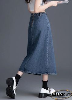 Non-stretch Long Denim Skirt, Casual Dark Wash Midi Denim Skirt, Trendy Denim Blue Midi Skirt, Blue Long Denim Skirt For Fall, Long Blue Denim Skirt For Fall, Casual Denim Midi Skirt, Wide Leg Denim Skirt In Blue, Casual Medium Wash Denim Midi Skirt, Casual Blue Midi Denim Skirt