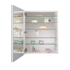 an open medicine cabinet with many items in it