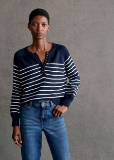 Long-sleeved organic cotton jumper with slightly puffed sleeves;Round neckline with button placket fastening;Length from the shoulder: 55 cm / 21.6 in (for a S) Leontine Jumper, Sezane Leontine, Denim Suit, Cotton Jumper, Striped Sweater, Navy And Green, New Wardrobe, Parisian Style, Navy White