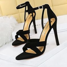 Suede High Heeled Sandals Pointed Toe T-strap Sandals For Party, Black T-strap Sandals With Buckle For Party, Pointed Toe T-strap Sandals With Heel Strap For Party, Black Sandals With Pointed Toe And Strap, Black Slingback Strap Sandals For Party, Party Closed Toe T-strap Sandals, Closed Toe T-strap Sandals With Buckle For Party, Black Open Toe T-strap Sandals For Party, Evening Closed Toe T-strap Sandals With Buckle