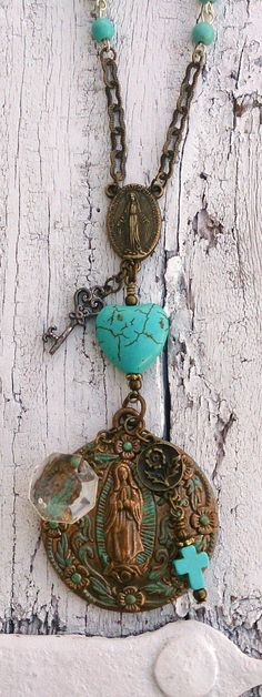 Turquoise Rosary Cross Assemblage Necklace by SecretStashBoutique Turquoise Rosary, Mother Mary Necklace, Lady Of Guadalupe Necklace, Guadalupe Necklace, Rosary Cross, Mary Necklace, Assemblage Necklace, A Wing, Repurposed Jewelry