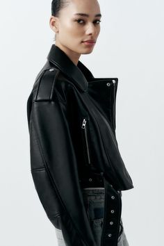 FAUX LEATHER CROP BIKER JACKET - Black | ZARA United States Cropped Biker Jacket, Crochet Jacket, Collar Jacket, Long Sleeves Jacket, T-shirt Polos, Faux Leather Jackets, Trouser Jeans, Blazer Dress, Zara United States