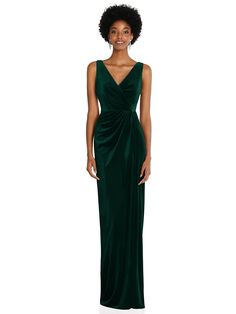 Simply Perfect, This Full-length, Lux Velvet Gown Is So Soft And Beautifully Draped. A Faux Surplice Bodice And Gathered Skirt Detail Highlights The Shimmering Elegance Of Gorgeous Fabric. The Skirt Flows Gracefully Around You, And A V-style Back Is The Perfect Finishing Touch. Shown In Evergreen. After Six, Velvet Gown, Velvet Maxi Dress, Velvet Maxi, Maxi Bridesmaid Dresses, Bodice Dress, Draped Skirt, Infinity Dress, Bridal Party Dresses