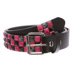 PRICES MAY VARY. Snap on, interchangeable roller buckle Material: Genuine bonded leather Hot pink & Black checkerboard studs detailing 1-1/2" in width Sizing: This belt is measured from inside edge of buckle to the center hole, the 3rd hole from the tip end. order 2 inches larger than pants size for best fit. e.g.: Small fits pants size 29"-31"; Medium fits pants size 32"-34"; Large fits pants size 35"-37"; X-Large fits pants size 38"-40" Material: Genuine PU bonded leather Width: 1 1/2" (38 mm) Scene Accessories, Branded Belts, Studded Belt, Leather Care, Punk Rock, Belts For Women, Pink Black, Belts, Hot Pink