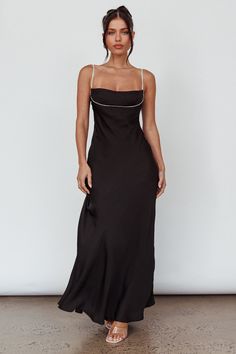 Shop the Linka Diamante Strap Maxi Dress Black | Selfie Leslie Strap Maxi Dress, Yellow Bridesmaids, Veil Hairstyles, Maxi Dress Black, Blue Bridesmaids, Iron Material, Date Night Dresses, Dress Satin, Mini Dress Casual