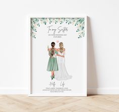 a wedding card with two women in green dresses and one is holding a wine glass